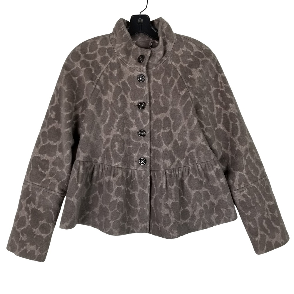 Rebecca Taylor Peplum Jacket Womens 0 Taupe Leopard‎ Wool Angora Funnel Neck J2